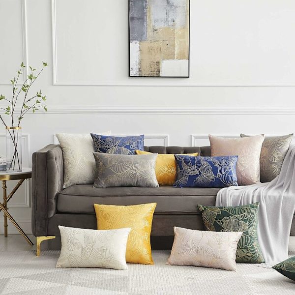 Kuddfodral 45 x 45 cm Sammet Guld Blad Kuddfodral Blå Dekorativ Kuddfodral Överkast Kudde för Soffa Sovrum Vardagsrum Set om 2