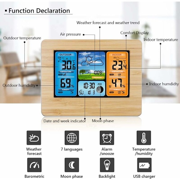 Väderstation med utomhussensor, termometer, hygrometer, inomhus- och utomhusradioväderstation °C/°F, datum, helg, månfaser, dagligt alarm