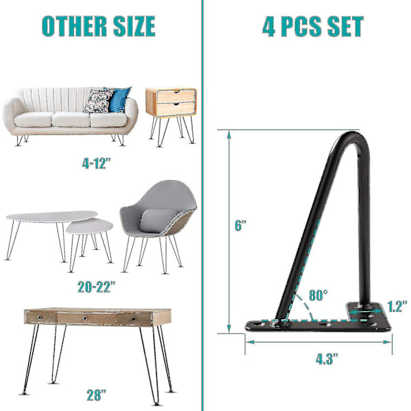 Hårnålben 15cm 4-pakning, DIY metallbordben, perfekt for spisebord, skrivebord, Century Modern Style (15cm, svart) [xc]