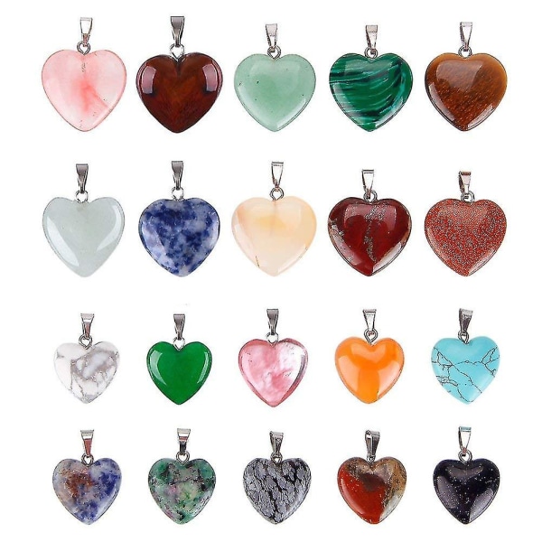 20 stk Hjerteformede steinanheng Charms Krystallchakraperler for smykkefremstilling av smykker, 2 størrelser, assorterte farger