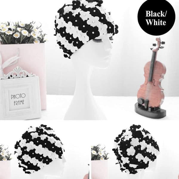 Fashy Dame Sort & Hvid Blomstersvømningshat, Badehætte, 3d Blomsterblad Badehætter Badehætte, One Size, Voksne
