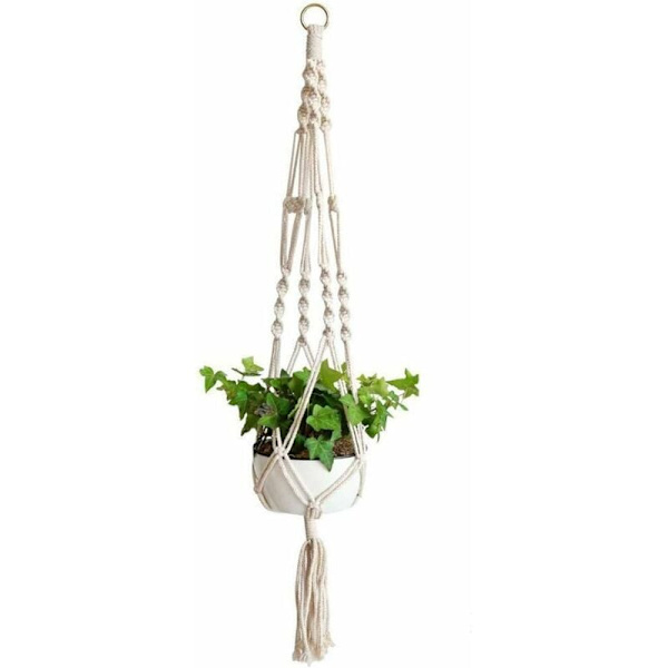 Macramé hängande korg, bomullsrep, hängande korg, växtkruka, upphängning för inomhus och utomhus, tak, balkonger, väggdekoration