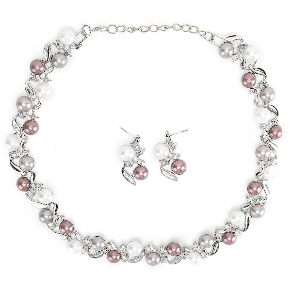 Bridal Jewelry Set - Women's Faux Pearl Necklace and Earrings with Rhinestone (Silvery White)