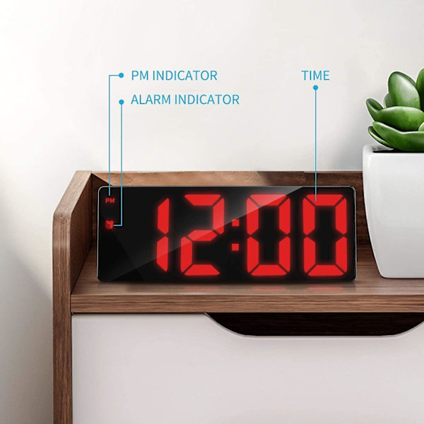 Digital väckarklocka, digital klocka med 3 ljusstyrkenivåer, elektronisk väckarklocka drivs av USB eller 3 AAA-batterier (ingår ej), snooze-väckarklocka