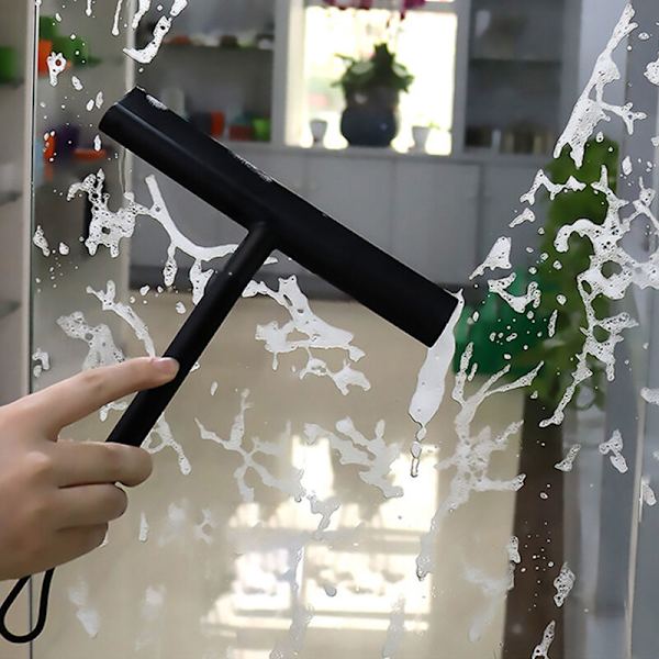 Glasduschskrapa Tvätt Skrapa Torkare Golvfönster Rengöring Hus Vatten Väggspegel med Handtag (Squeegee + Svart krok)