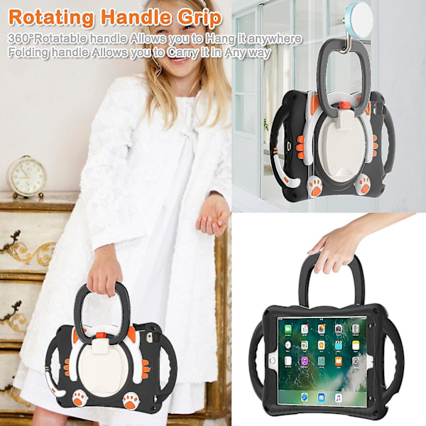 Nytt kattedesign deksel for iPad Mini 1/2/3/4/5 med skulderstropp, to håndtak, 360 roterende stativ, støtsikker design（Svart oransje）