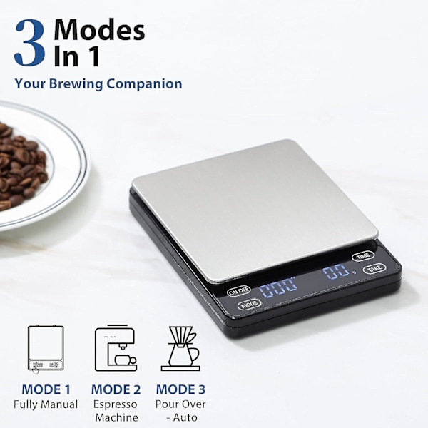 KitchenTour Nano kahvipunnitus ajastin 3kg/0.1g, 3 tilaa espressokoneelle ja kaadolle, korkea P SXXJ