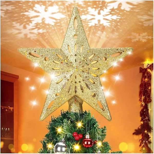 Julgransprydnad med LED-roterande snöflingsprojektor, 3D gyllene glitterstjärna, stjärnhimmelsljus för julgransdekoration