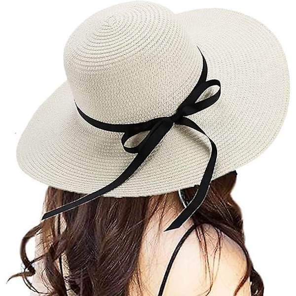 Kvinnors Halmhatt Sommar Bowknot Strand Fällbar Hattar Uv-skydd Bred Brätte Floppy Damer Herrar Halm Solhatt Packable Semester Strand Vit（vit）