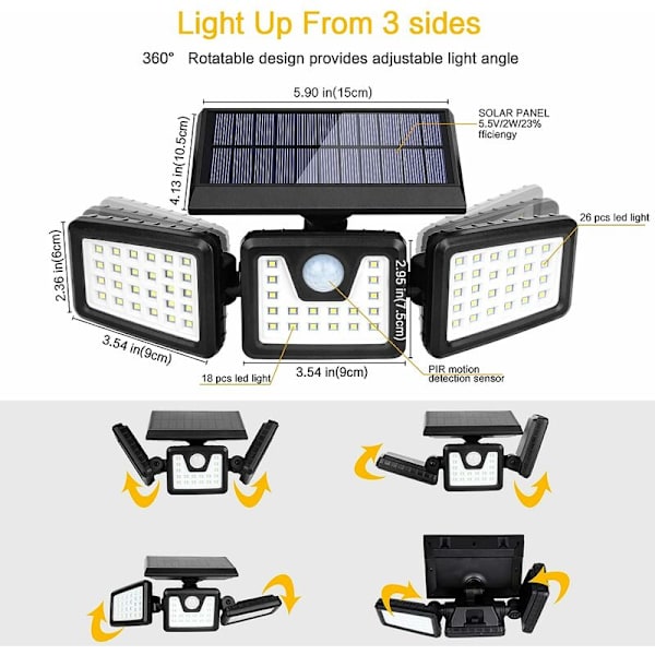 Solcellslampor utomhus, utomhus solcellslampa med rörelsesensor 70 LED, IP65 vattentät 3 huvud utomhus solcellsstrålkastare för trädgård