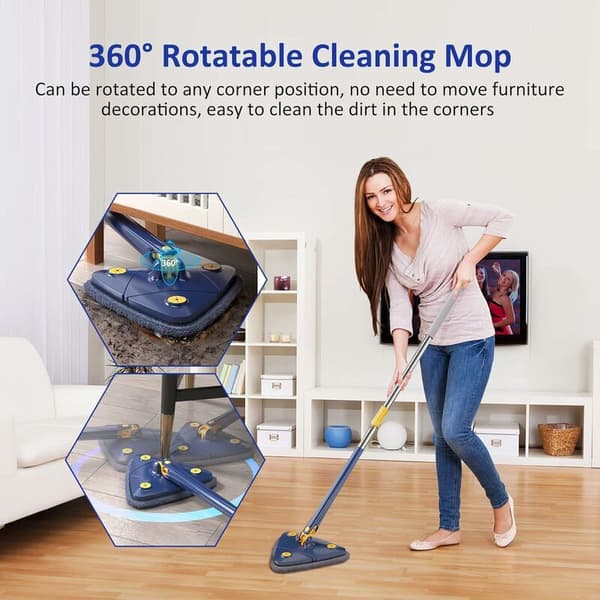 Justerbar 360° roterande triangulär teleskopmopp med automatisk vattenurvridning 5 rengöringsdukar mikrofiber stretchmopp (blå)