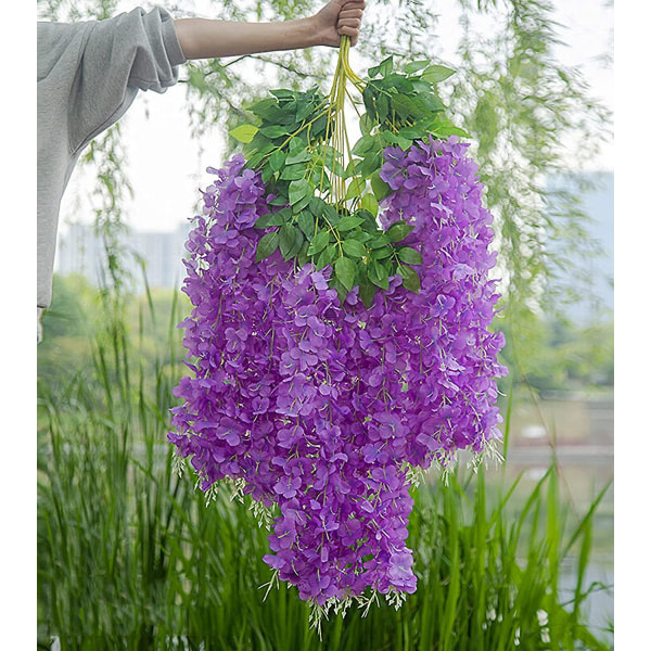 Falske hængende blomster 12 stk 3,75 fod/stykke Kunstig Wisteria Vine Ratta hængende krans til fest bryllup dekoration (lilla)
