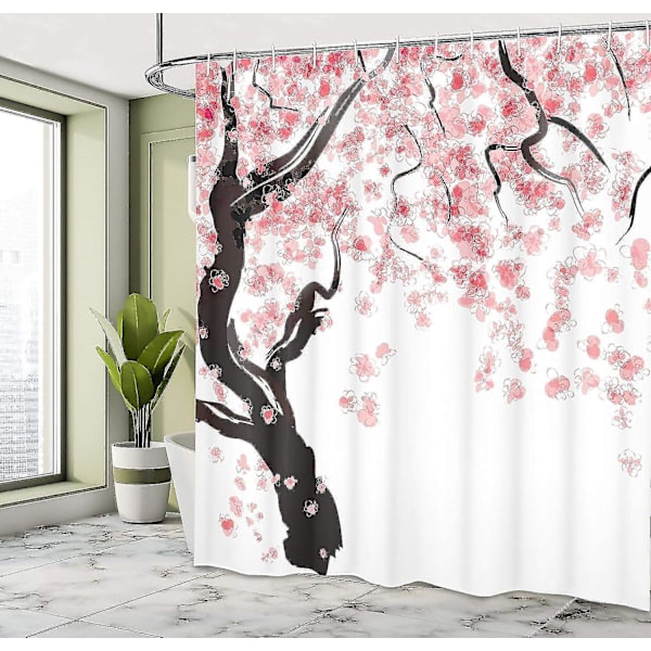 Blomster bruseforhæng, 180 cm x 200 cm, pink sort, kirsebærblomst træ, stof badeværelse indretning sæt wit