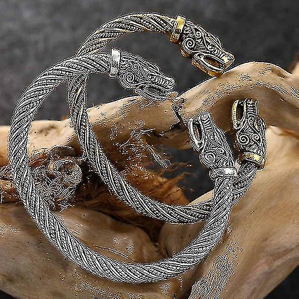 Varghuvud för män Vikingsmycken Modeaccessoarer Guld-/silverbelagda Vikingarmband Herrarmband med manschettarmband（guld）