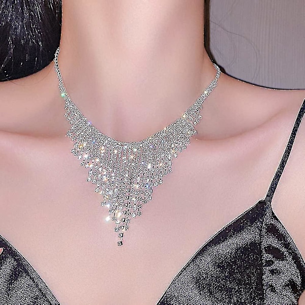 Rhinestone Tassel Chain Halskjede Sølv Krystall Bib Halskjede Blankt Bryllup Brud Choker Halskjede for Kvinner og Jenter