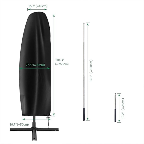Solskjermdeksel med teleskopstang, 2-3m kantilever solskjermdeksel, vanntett, vindtett