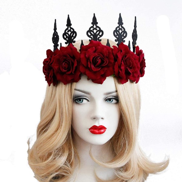 Vintage Red Rose Queen Hårband, Halloween julpannband Huvudbonad för kvinnor och flickor, perfekta hårtillbehör Blommig blomkrona för boll P