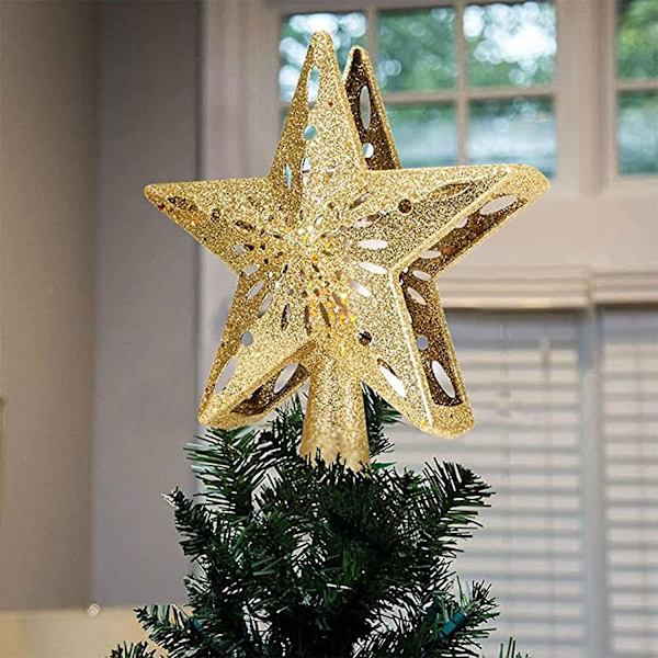 Julgransprydnad med LED-roterande snöflingsprojektor, 3D gyllene glitterstjärna, stjärnhimmelsljus för julgransdekoration