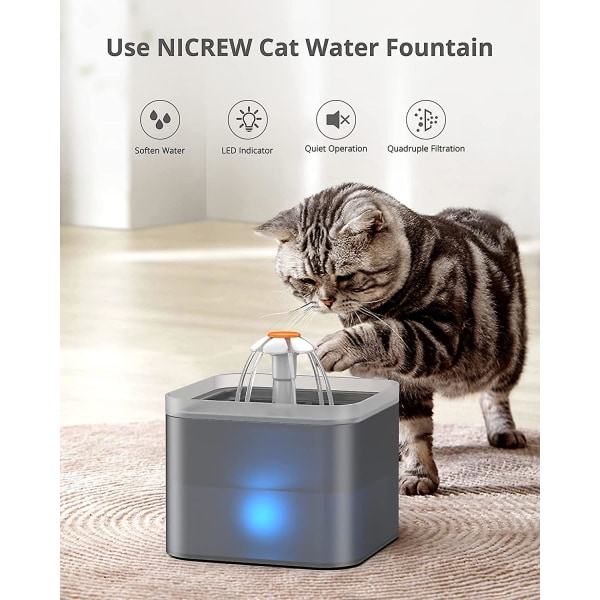 Nicrew 2l katt- och hundvattenfontän, tyst kattvattendispenser med utbytbart filter, grå