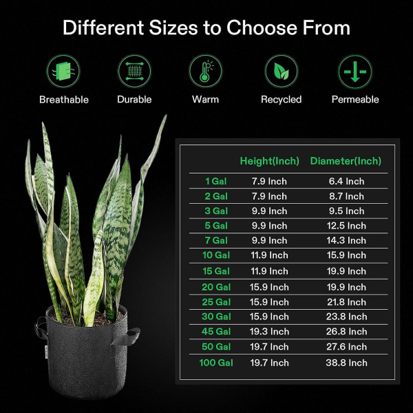 VIVOSUN 10-pak 5 gallon dyrkningsposer, forstærkede planteposer i stof til havearbejde, sort, april 4.9