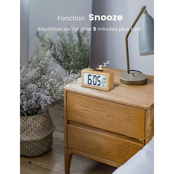 Trädigital väckarklocka, LED väckarklocka utan tickande digital klocka med datumvisning, temperatur, snooze-funktion, batteridriven digital klocka3