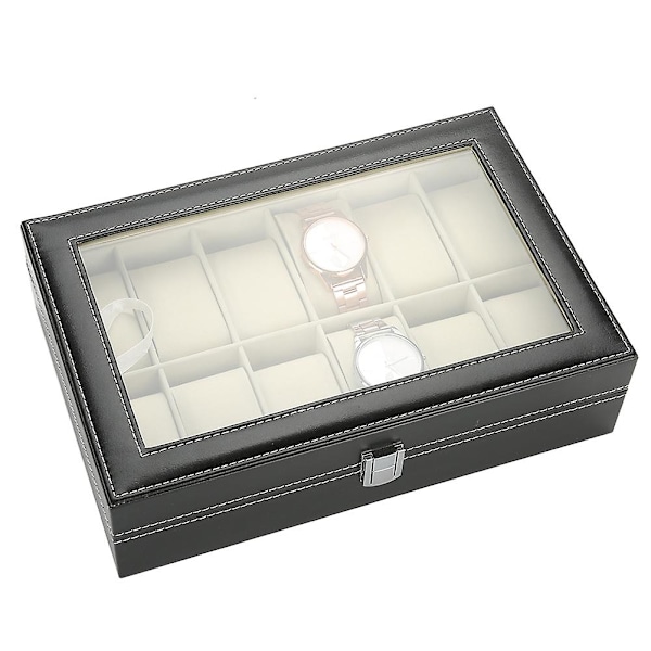 12 Gitter PU Læder Ur Display Case Opbevaringsboks Organizer Ur Smykke Display Box