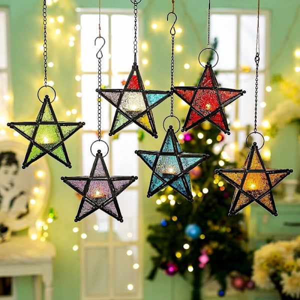 1 st färgad europeisk stil präglad färgat glas smidesjärn hängande ljusstake vindlampa doftljus för lampa mode heminredning