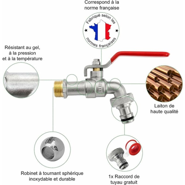 1/2'' tums (15/21) premium mässingkran, rost- och frostbeständig + e-bok för trädgård, tvättmaskin, regnvattentunna