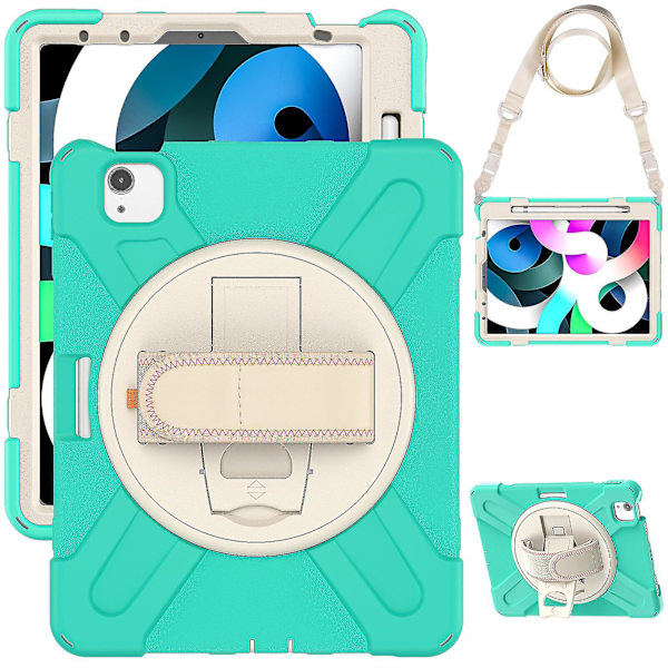 Nytt håndstroppdesign deksel for Ipad Air4 10,9 tommer med skulderstropp, justerbart stativ, pennholder, fallbeskyttelsesdeksel（Mintgrønn）