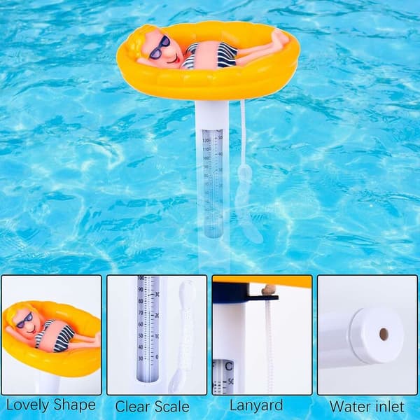 Flytande termometer, flytande pooltermometer, tecknad djurform vattentermometer med rep för inomhus- och utomhuspooler (termometer E)