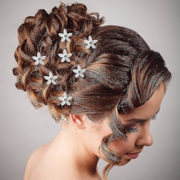 20 stykker bryllupsblomst hårnåler, hvit blomst strass hårnåler U-formede hårnåler for brude bryllup kvinner hår smykker tilbehør