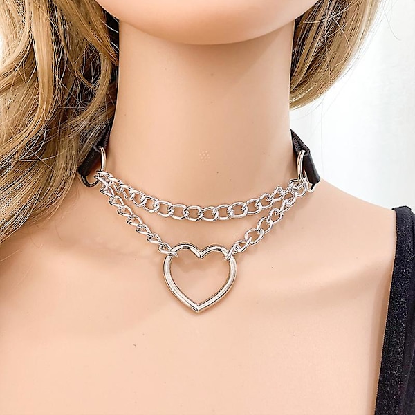 Punk Goth Hjerte Ring Choker Vintage Halskæde Krave Med Kæde Kvinder Smykker(3stk)
