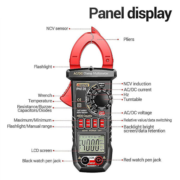 Clamp Meter Digital Multimeter Strøm 4000counts Amperemåler Spændingstester（Sort）