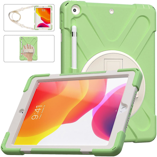 Nytt handrem-designfodral för iPad 10,2 tum med axelrem, justerbart stativ, pennhållare, fallskyddsskydd（Matcha Green）