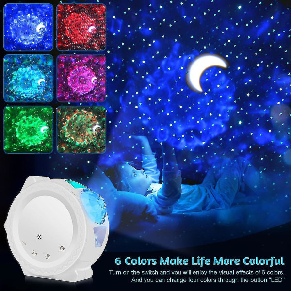 6 farver Ocean Waving Light Stary Sky Projektor Led Nebula Cloud Natlys 360 graders rotation Natlyslampe til børn（Hvid）