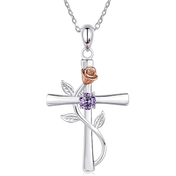 Kvinnors korshalsband 925 Sterling Silver födelsedagsstenhalsband Rose Cross Pendant 5a Cubic Zirconia 12 månader födelsedagspresent till flickvän fru A1