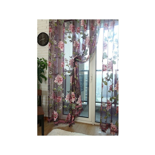 Romantisk blommig tyllvoile dörrfönster gardin hängande panel transparent sjal volang 1 st (1 × 2 meter hög)