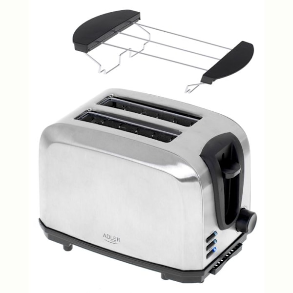 Brødrister 2 Skiver, 2 Slots, 3 Funktioner, 7 Ristningsniveauer, Rustfrit Stål Adler AD3222 1000W Sølv 02178