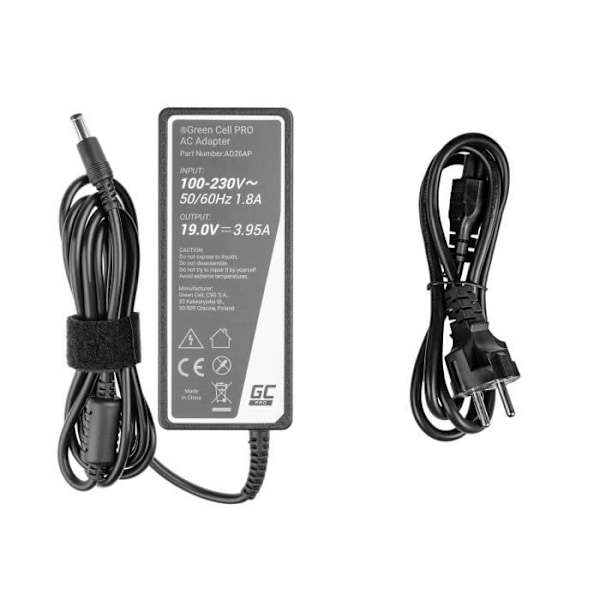 Lader Green Cell 75W 19V 3.95A til Toshiba Satellite C55 C660 C850 C855 C870 C875 L200 L300 L305 L650 L655 L670 L750 L755 L770 sort