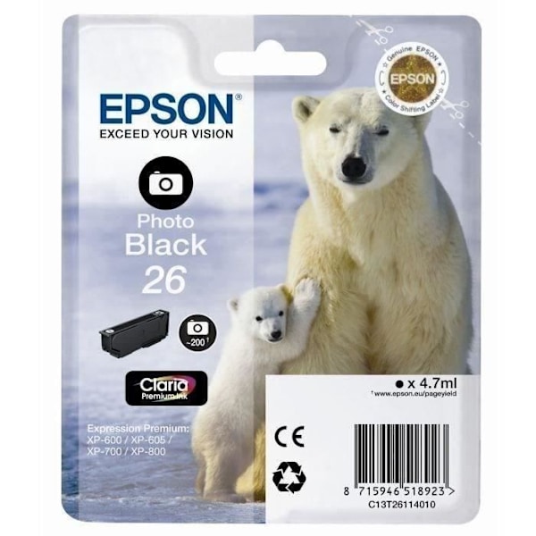 EPSON T2611 fotosort blækpatron - Isbjørn (C13T26114010)
