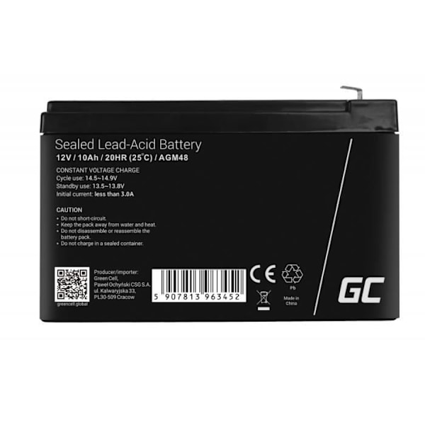 AGM batteri - GreenCell - 12V 10Ah - Vandtæt - Vedligeholdelsesfri - Stødsikker SVART