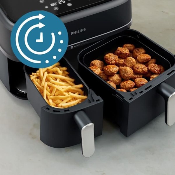Fritøsefritter PHILIPS - Airfryer NA351/00 - Dobbelt beholder 9L - 8 tilberedningsprogrammer - 2750W Svart silver