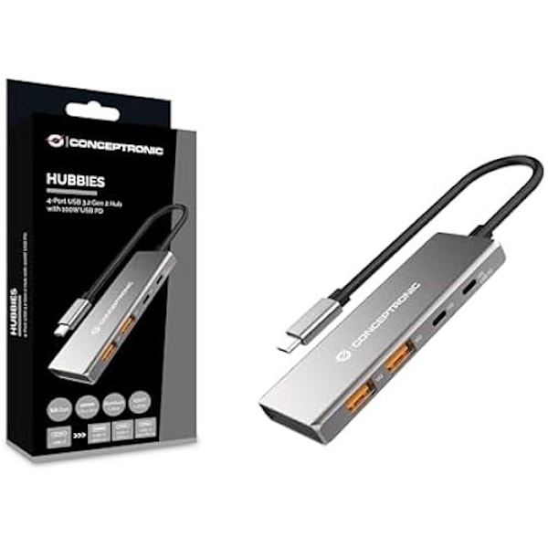 CONCEPTRONIC HUBBIES15G Hub 4 porttia USB 3.2 Gen 2, 10 Gbps, USB-C x 2, USB-A x 2, 100 W USB PD, alumiinikotelo