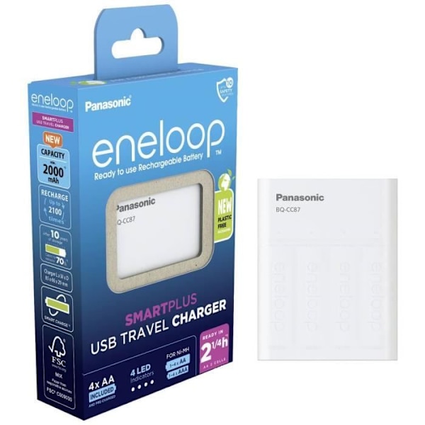Panasonic BQ-CC87 +4x eneloop AA oplader til NiMH rundceller LR03 (AAA), LR6 (AA)