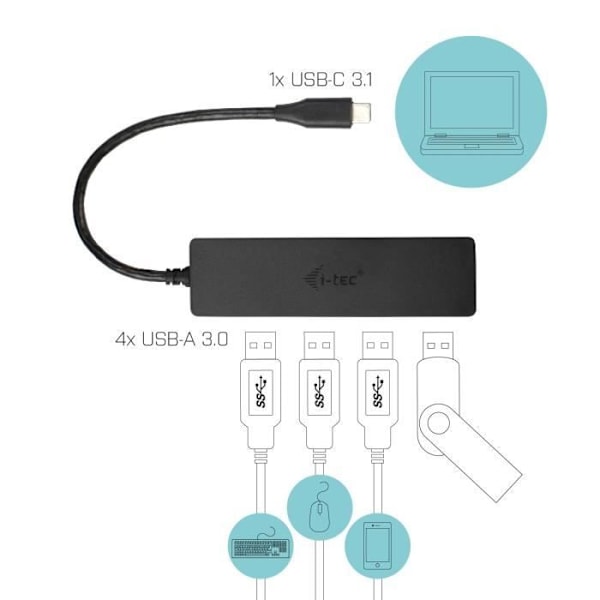 USB-C HUB I-TEC med 4 USB 3.0-porte med integreret kabel 20 cm