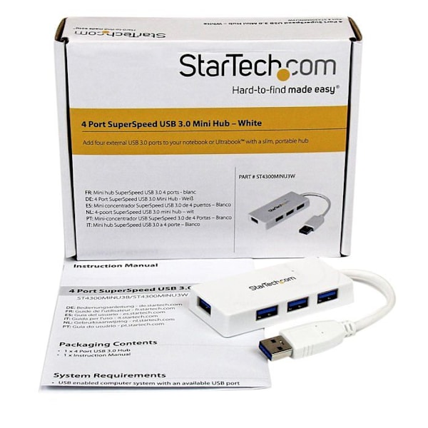 USB 3.0 Hub - StarTech - ST4300MINU3W - 4 porttia - Integroitu kaapeli - Valkoinen