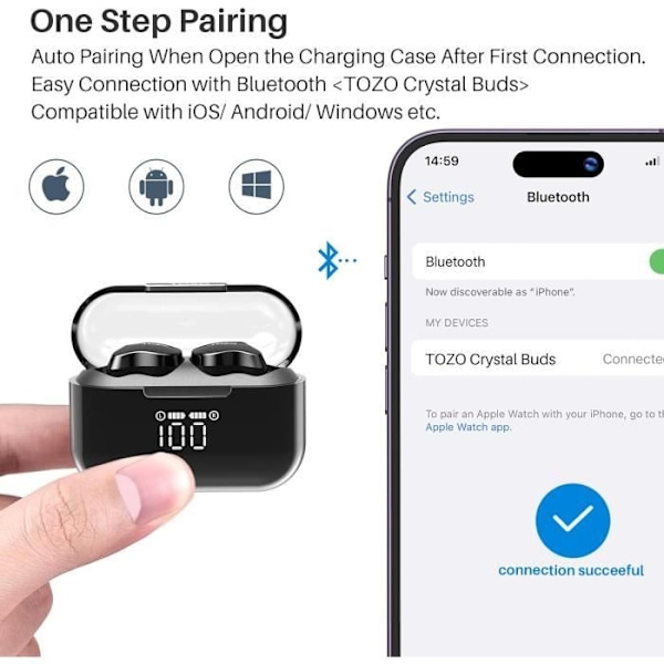 TOZO Crystal Buds Langattomat kuunteluohjaimet Bluetooth 5.3 LED älykäs Kuulokkeet IPX8 vedenpitävät