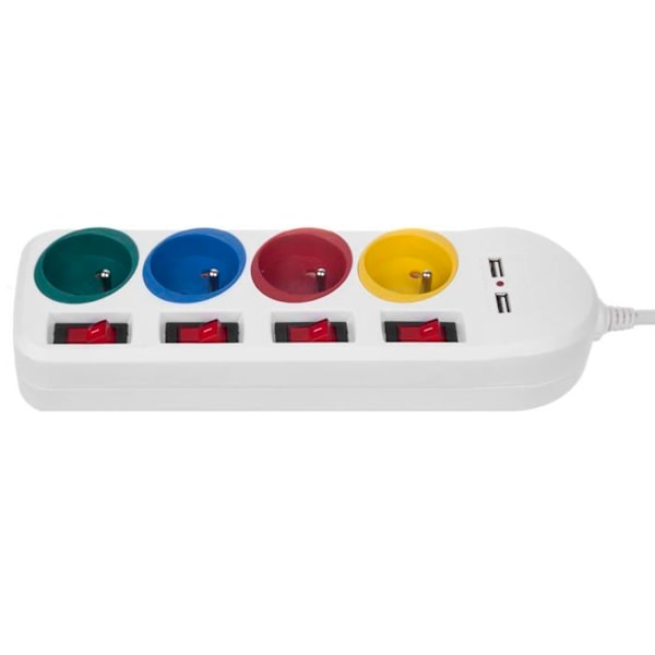 Maclean MCE229 W sähkötulo monipistorasia, 4 pistoketta + 2xUSB, kytkimillä, 250VAC-10A, 2,1A 5V, 1,5m, valkoinen