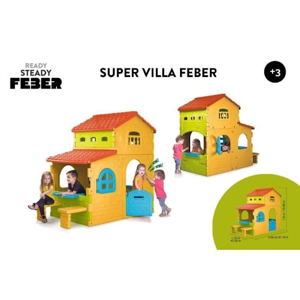 FEBER-lastentalo - Suuri värikäs huvila pöydällä ja penkeillä Flerfärgad
