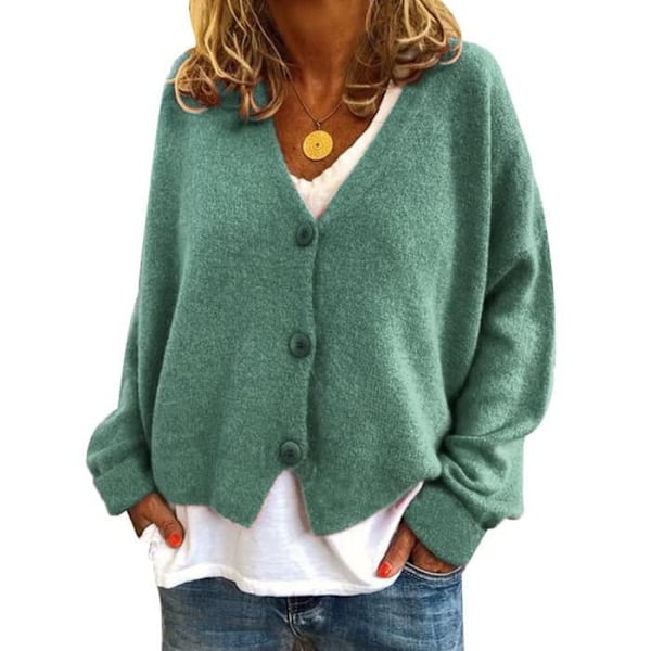 V-ringad cardigan för damer, stickad kofta med fladdermus ärm, ledig höststickad topp grön Grön M